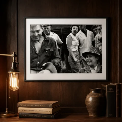 A framed black and white print of Clark Gable on The Misfits set hanging above a leather chair in a study.