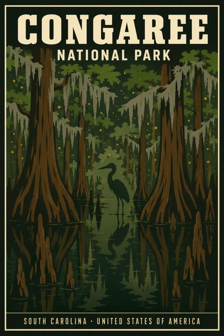 Clean artwork view of Congaree National Park South Carolina Vintage Travel Poster. A vintage-style illustration of Congaree National Park featuring ancient cypress trees draped in Spanish moss with a heron silhouetted in the swamp.