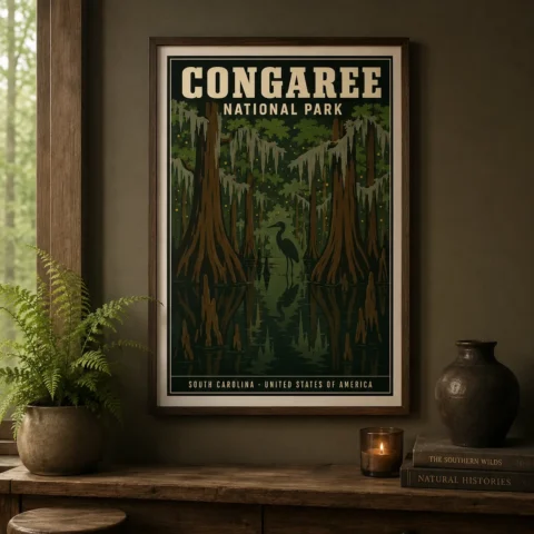 A framed Congaree National Park travel poster hanging in a rustic living room with natural wood accents and indoor plants.