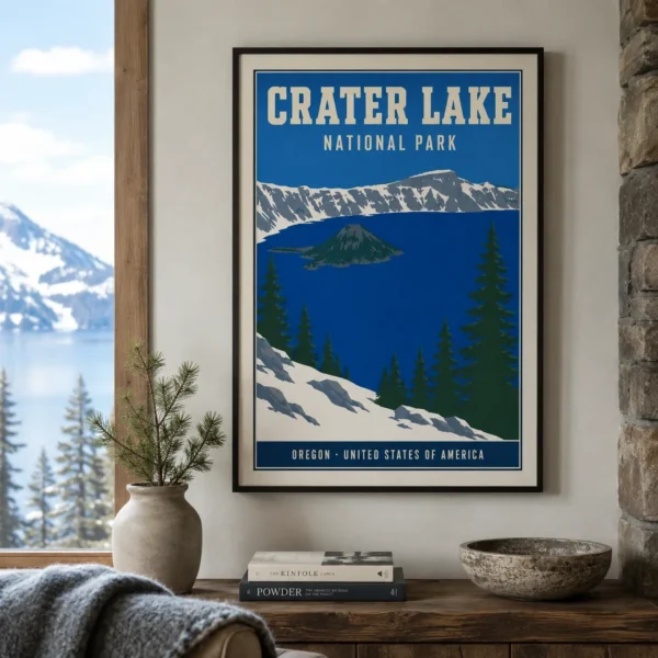 Crater Lake National Park Oregon, Vintage Style Travel Poster