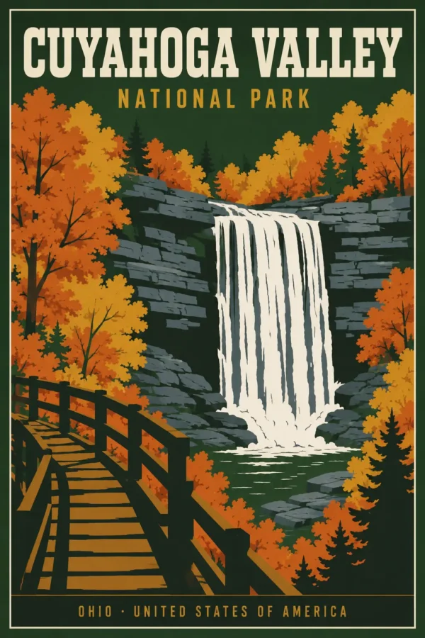 Cuyahoga Valley National Park vintage poster featuring Brandywine Falls surrounded by orange autumn trees and a wooden boardwalk.