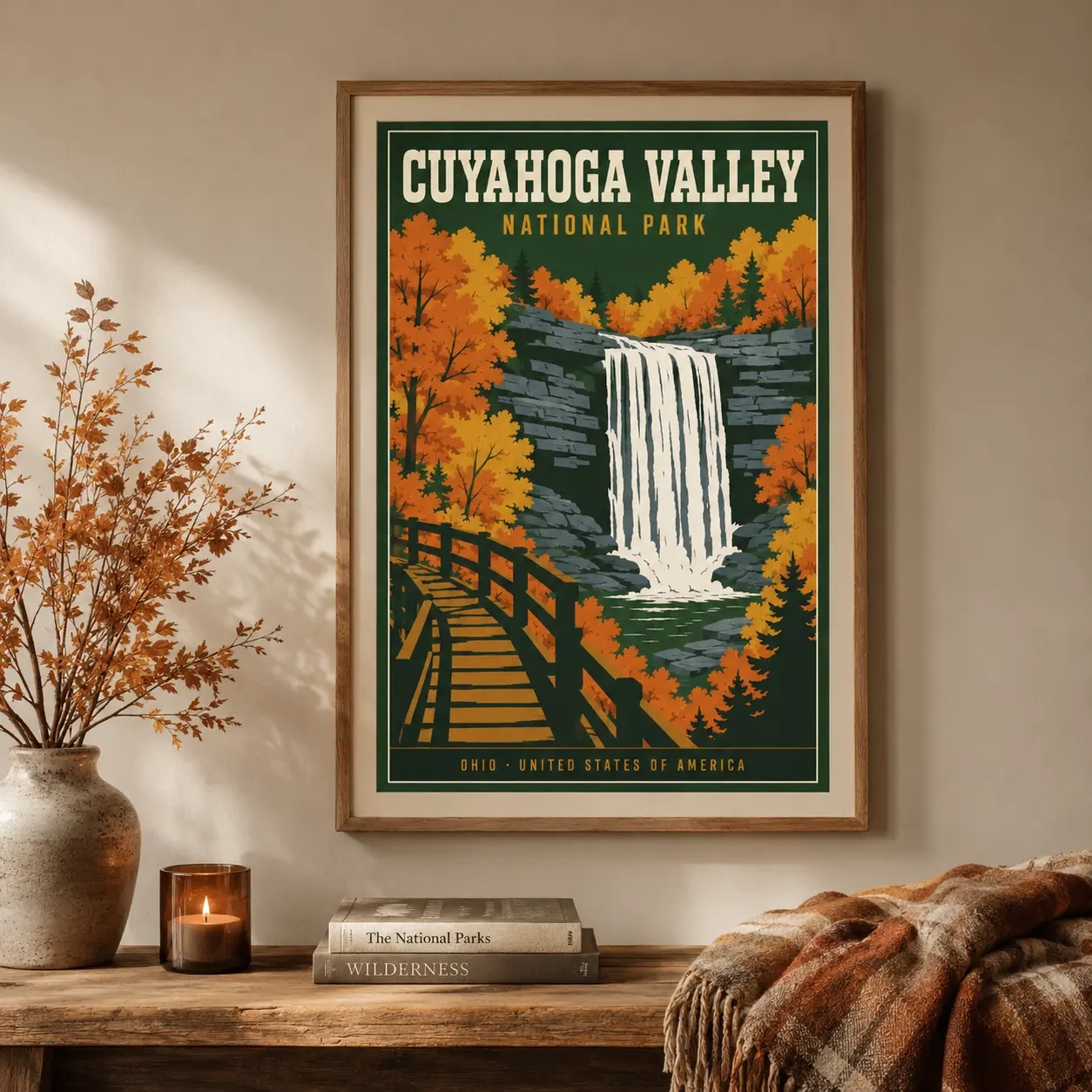 Room mockup of Cuyahoga Valley National Park, Ohio, Vintage Art Print, displayed as framed wall art in a living room setting with green tones.