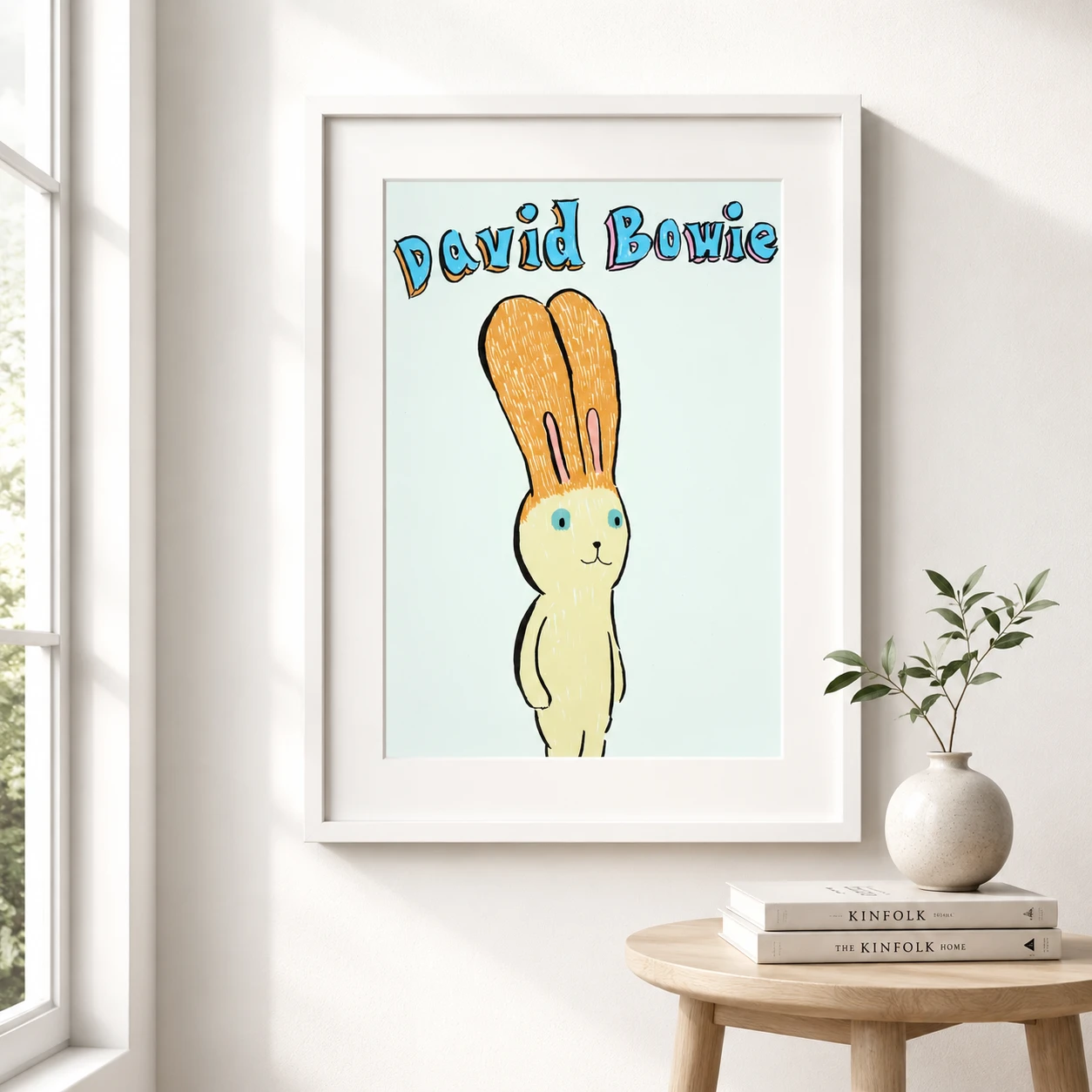 David Bowie Bunny Pop — david Bowie name in blue bubble letters above a minimalist hand-drawn