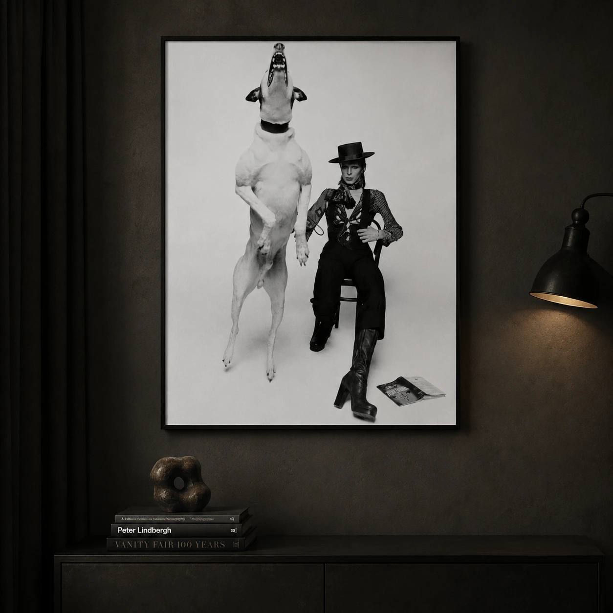 David Bowie Diamond Dogs — stark black and white photography print featuring David Bowie seated