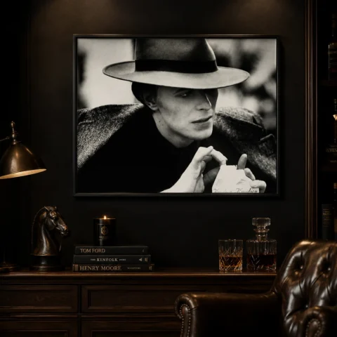 A black and white David Bowie film set wall art piece in a thin black frame displayed in a modern, neutral-toned living room.