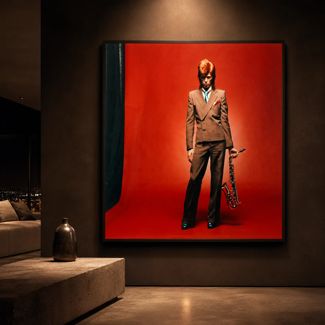 Mick Rock David Bowie — photographic print of David Bowie in a sharp suit holding a saxophone