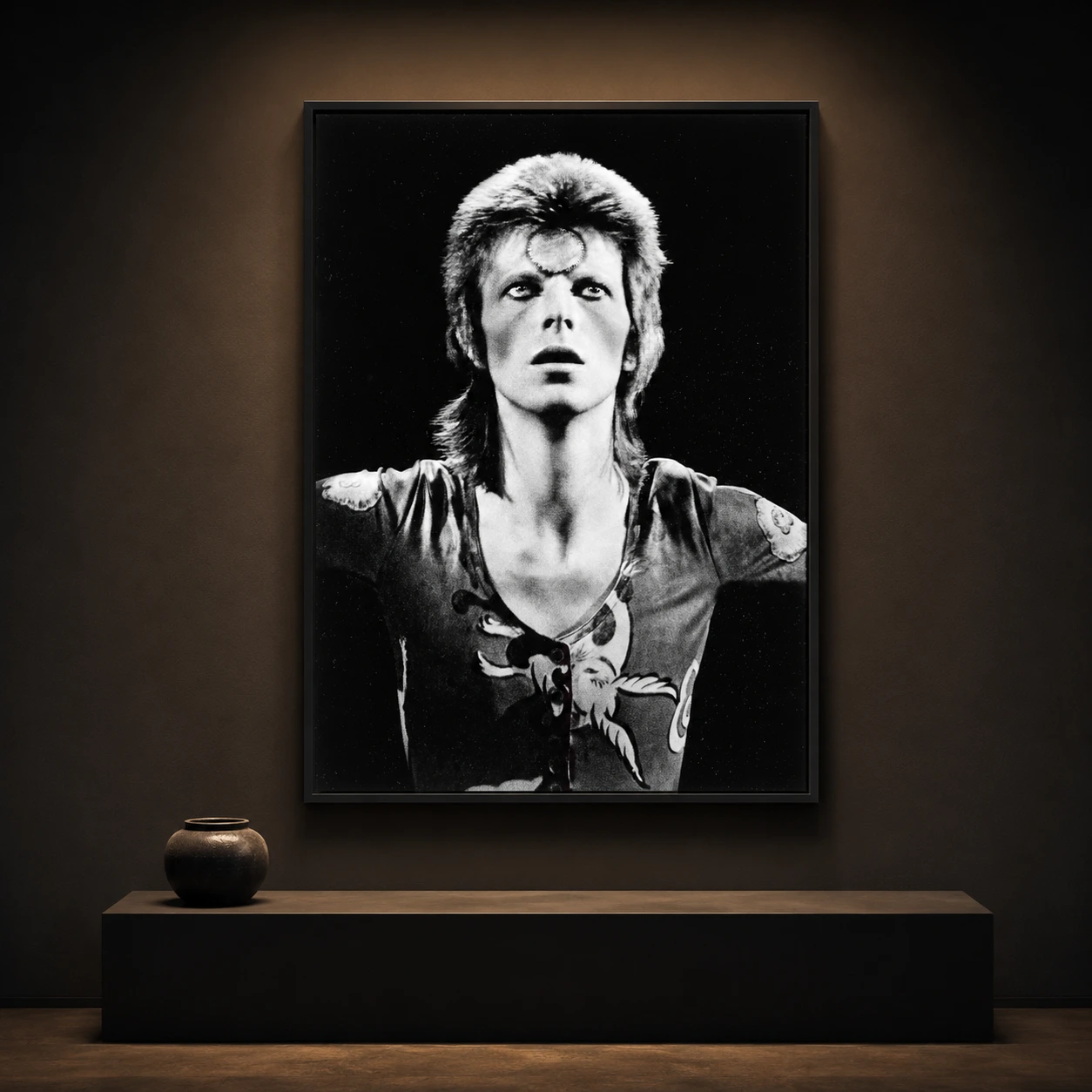 David Bowie Staring Into — high-contrast black and white photograph of David Bowie as Ziggy