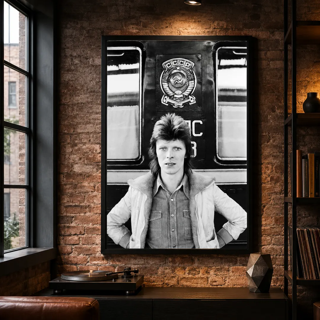 David Bowie Trans-siberian Express — black and white photograph of David Bowie standing before the CCCP