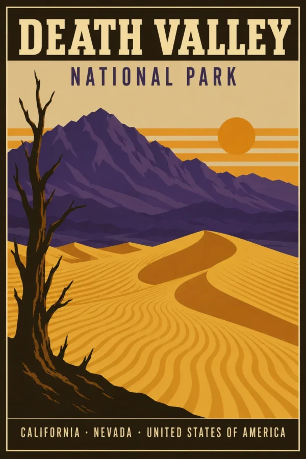 Death Valley National Park illustration with golden sand dunes, purple mountains, and a silhouetted dead tree under a desert sun.