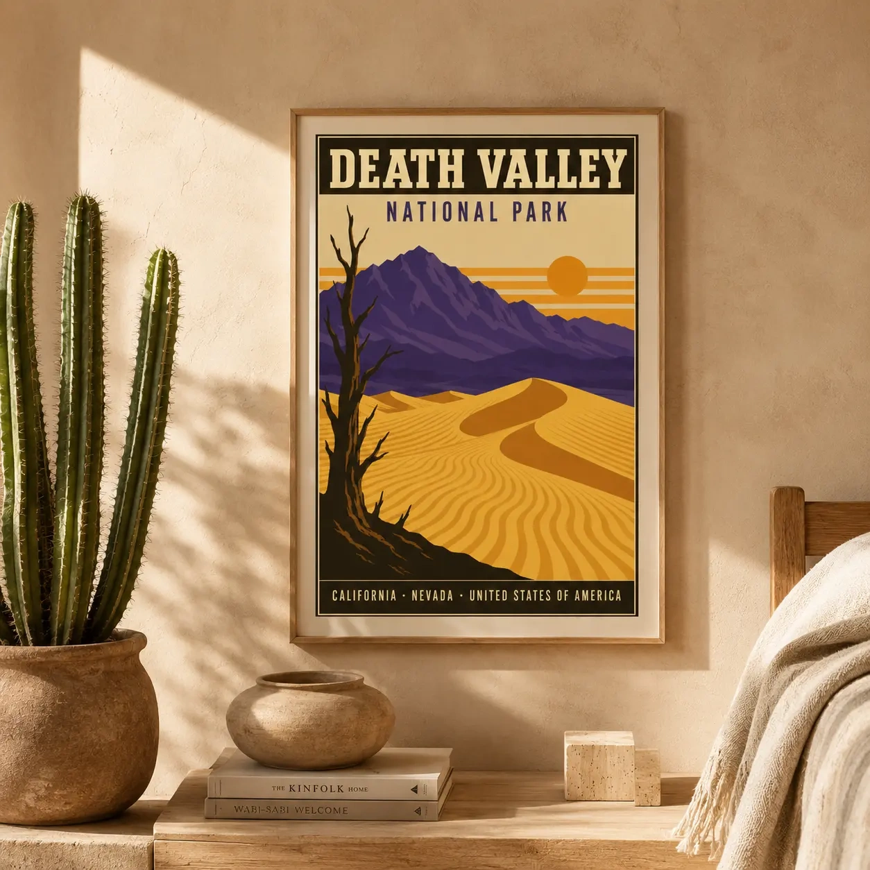 Death Valley National Park Poster featuring desert dunes, salt-basin light, dry ridges, and a low California sun, designed as vintage national park travel wall art for MerchFuse.