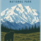 Denali National Park Alaska Mountain and Grizzly Bear Travel Poster