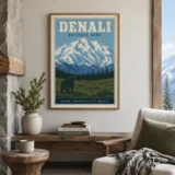 Denali National Park Alaska Mountain and Grizzly Bear Travel Poster