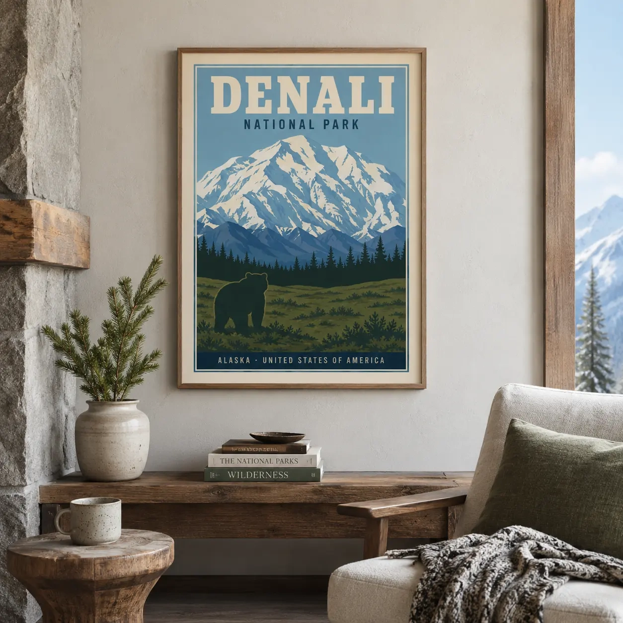 Room mockup of Denali National Park Alaska Mountain and Grizzly Bear Travel Poster, displayed as framed wall art in a living room setting.