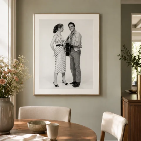 Elvis Presley King Creole guitar duo poster with woman, guitar, and white studio background.