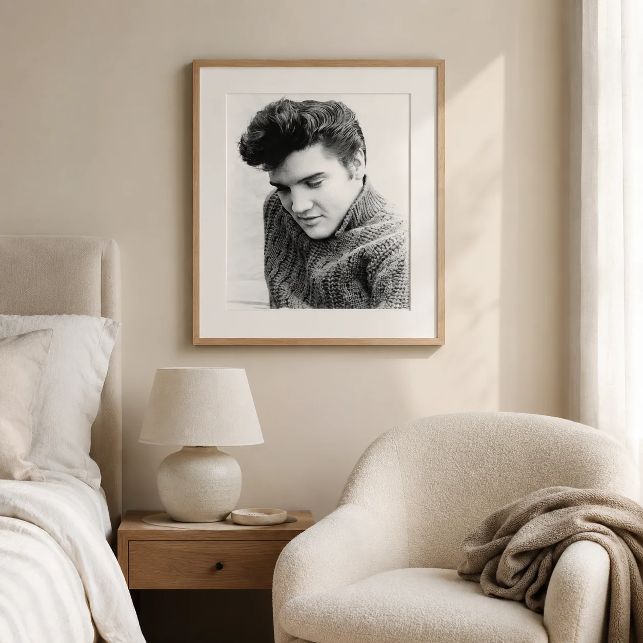 Elvis Presley Sweater Portrait — thick knit texture, lowered eyes, and soft monochrome grain shape this