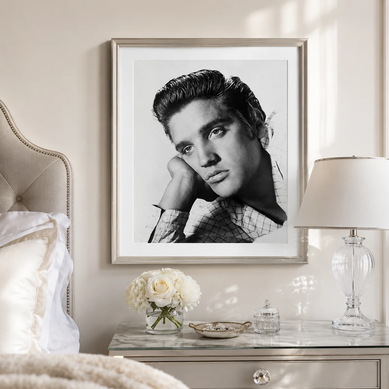 Elvis Presley Love Me — close face, plaid shirt, and soft cheek shadow give this Elvis Presley