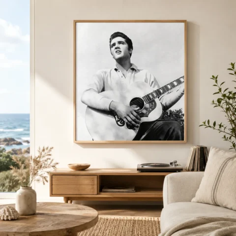 Loving You — acoustic guitar, open sky, and pale shirt give this Elvis Presley