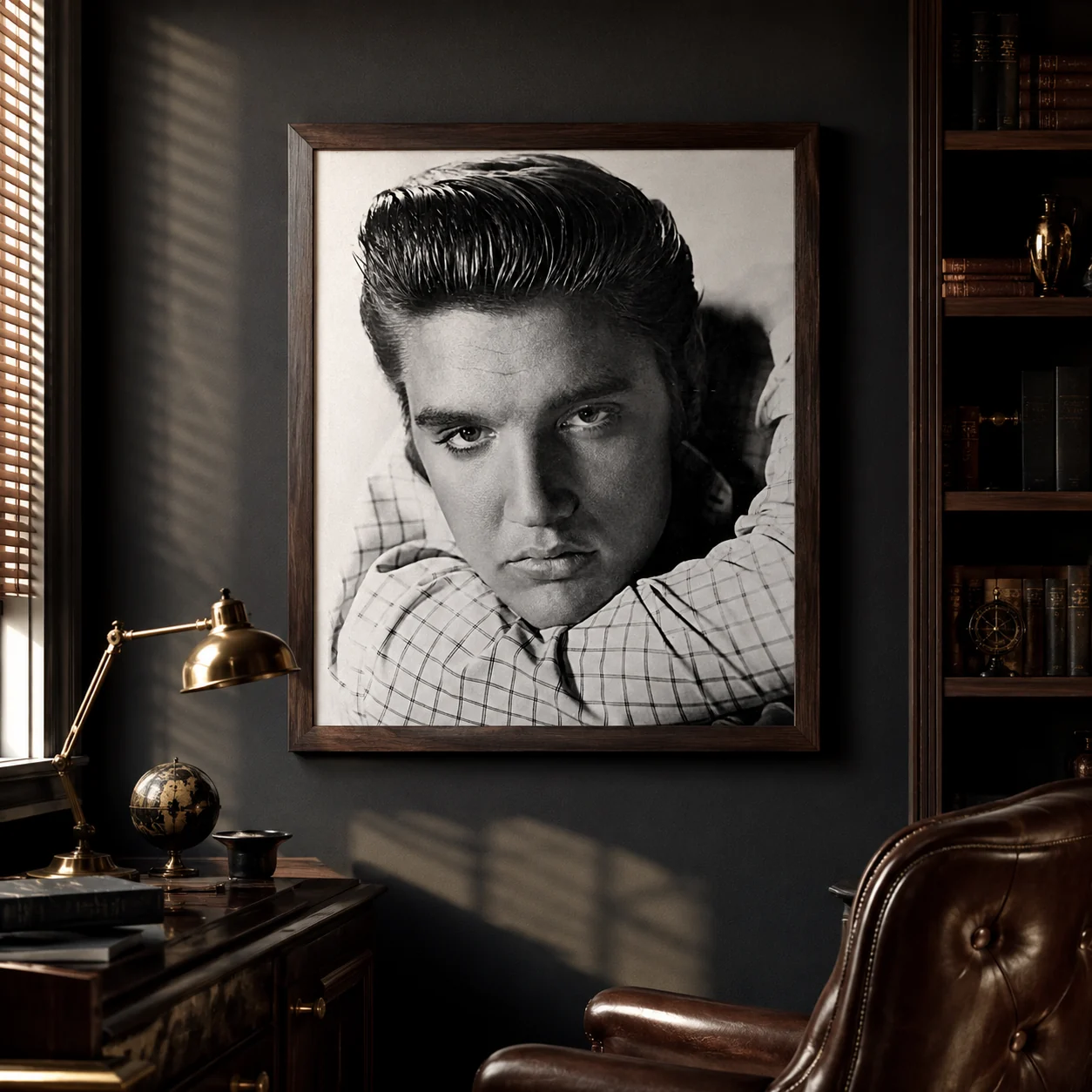 Elvis Presley Love Me — direct gaze, folded arms, and checked shirt pattern make this Elvis