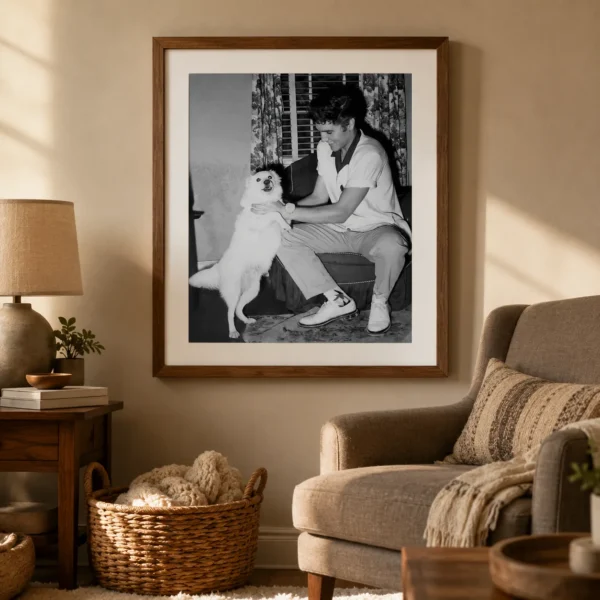 Elvis Presley With Dog Poster, 1950s Candid Home Print