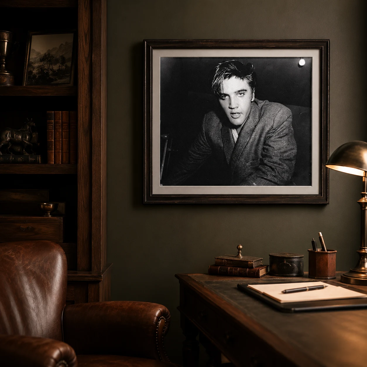 Elvis Presley Shadow — side darkness, textured jacket fabric, and an intense close crop shape