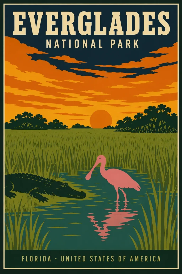 Clean artwork view of Everglades National Park Florida, Vintage Travel Poster. A vibrant Everglades illustration featuring a pink spoonbill and an alligator amidst tall sawgrass under a glowing orange and yellow sunset. MerchFuse.