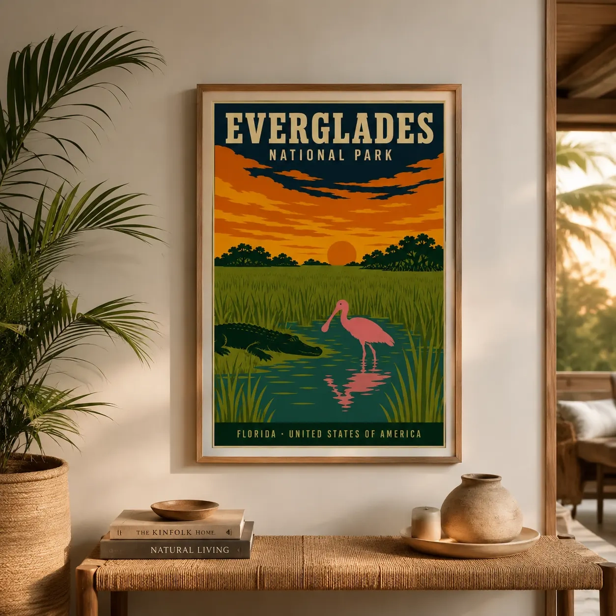 Room mockup of Everglades National Park Florida, Vintage Travel Poster, displayed as framed wall art in a living room setting with yellow, orange, and pink tones.