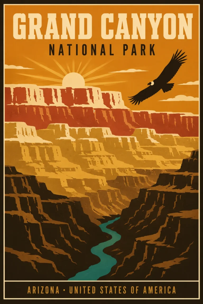Clean artwork view of Grand Canyon National Park Vintage Arizona Travel Poster. A vintage-style illustration of the Grand Canyon's tiered rock formations under a rising sun, featuring a soaring California condor and the blue Colorado River.