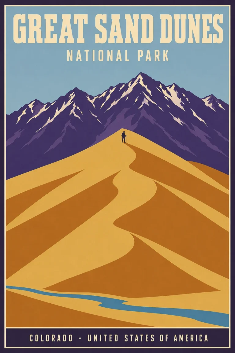 Clean artwork view of Great Sand Dunes National Park Colorado Retro Art Print. A vintage-style illustration of Great Sand Dunes National Park featuring golden dunes, purple mountains, a lone hiker, and Medano Creek. From MerchFuse.