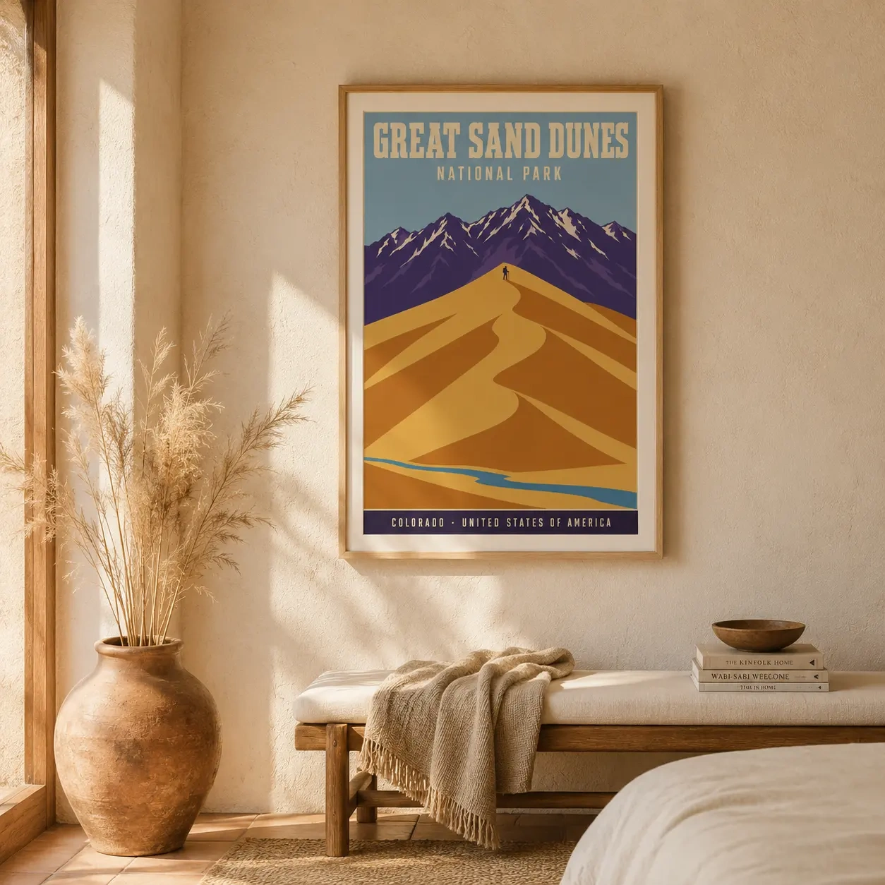 Room mockup of Great Sand Dunes National Park Colorado Retro Art Print, displayed as framed wall art in a living room setting with blue, yellow, and purple tones.