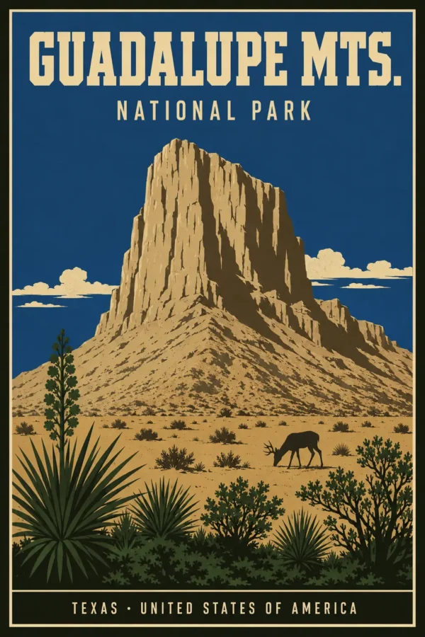 Vintage illustration of El Capitan in Guadalupe Mountains National Park with desert yucca and a deer under a blue sky.