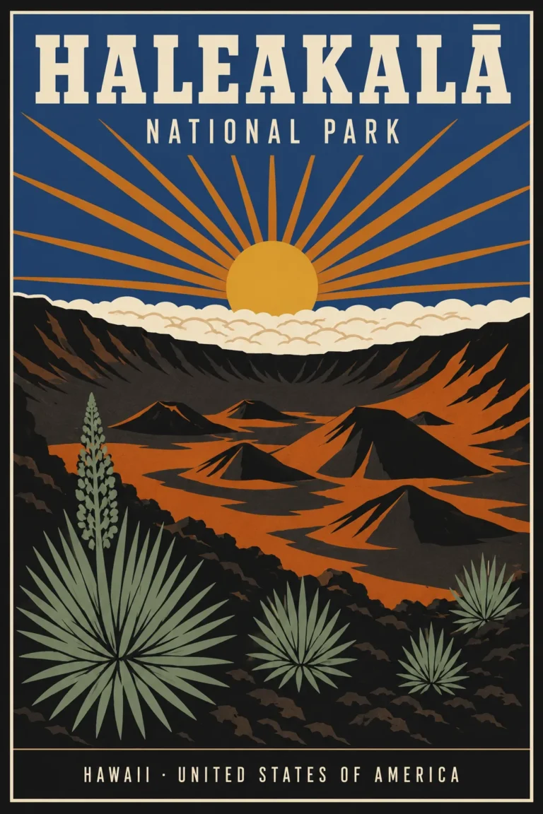 Clean artwork view of Haleakalā National Park Hawaii, Maui Island Vintage Travel Poster. A vibrant vintage-style illustration of Maui's Haleakalā crater featuring cinder cones, silversword plants, and a sun rising over a layer of clouds.
