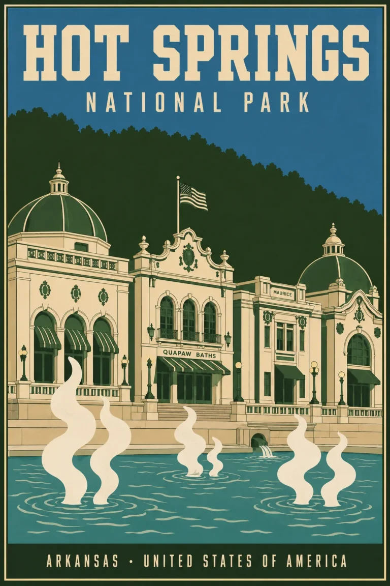 Clean artwork view of Hot Springs National Park Arkansas Vintage Style Travel Poster. A vintage-style illustration of the historic Bathhouse Row at Hot Springs National Park, featuring the Quapaw Baths architecture and rising steam.