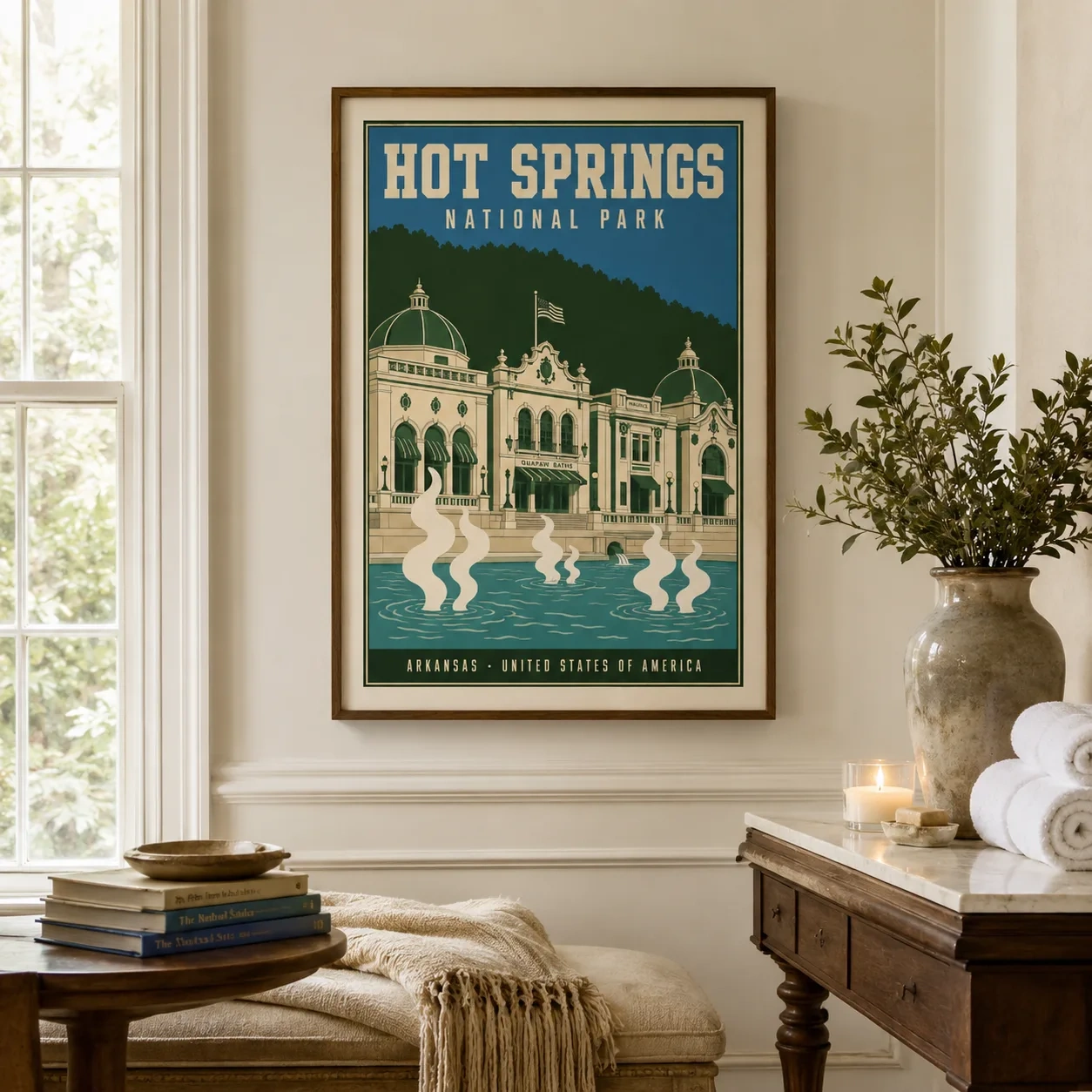 Hot Springs — vintage-style illustration of the historic Bathhouse Row at Hot Springs