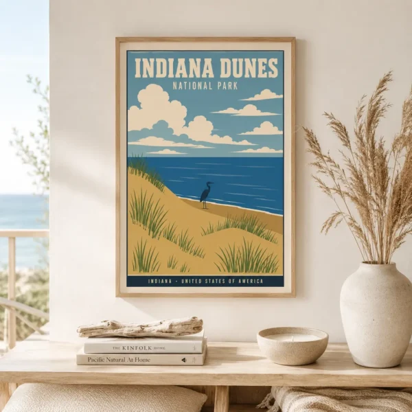 Indiana Dunes National Park Vintage Travel Poster, Lake Michigan Art