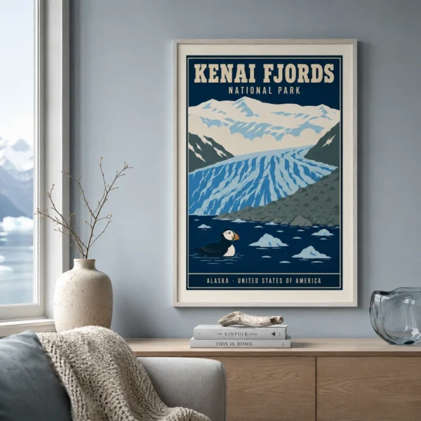 Kenai Fjords National Park Alaska Vintage Puffin Art Print