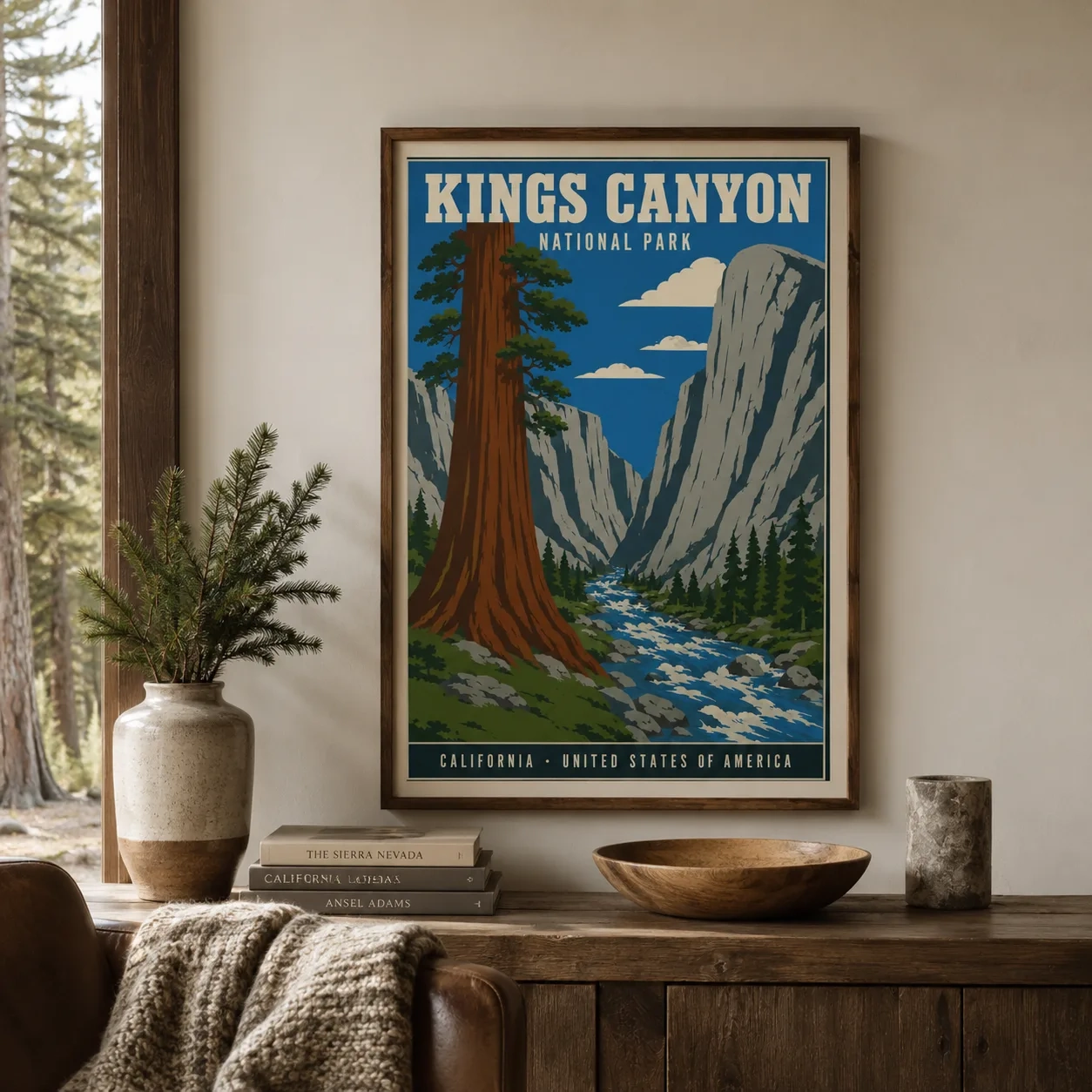 Room mockup of Kings Canyon National Park California Giant Sequoia Art Print, displayed as framed wall art in a living room setting with brown tones.