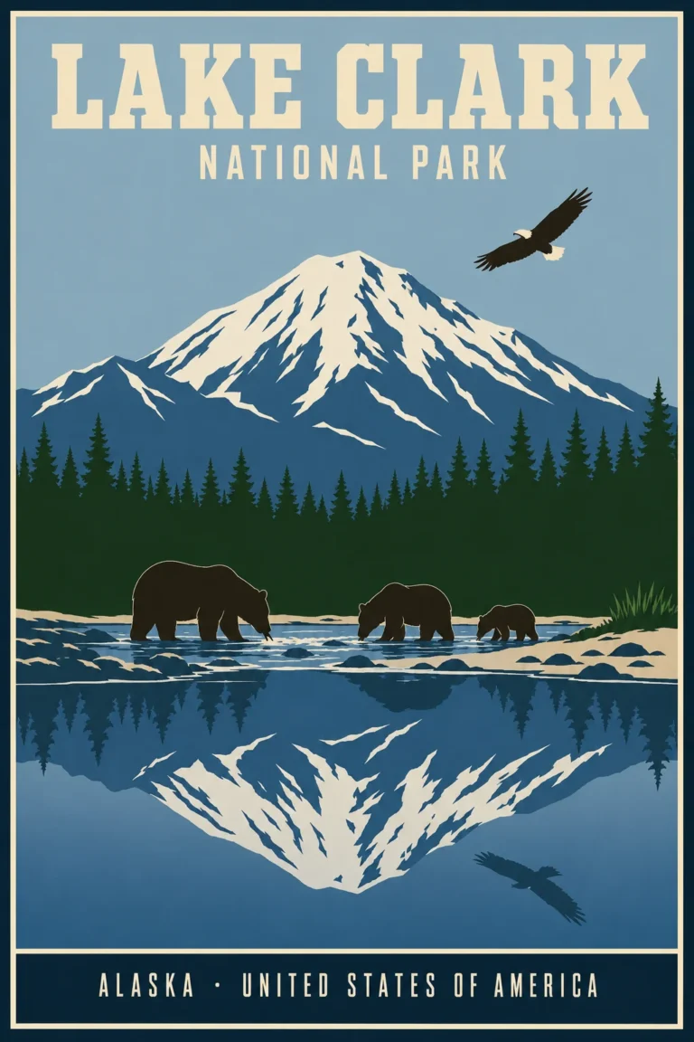 Clean artwork view of Lake Clark National Park Alaska Wildlife & Mountain Art Print. A vintage-style illustration featuring brown bears wading in Alaskan waters beneath a snow-capped mountain peak and a soaring bald eagle in the sky.
