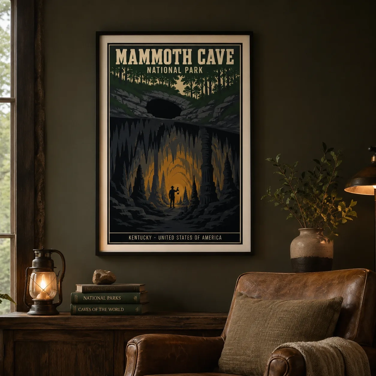 Mammoth Cave National Park Poster featuring cavern entrances, underground glow, forested hills, and Kentucky cave-system mystery, designed as vintage national park travel wall art for MerchFuse.