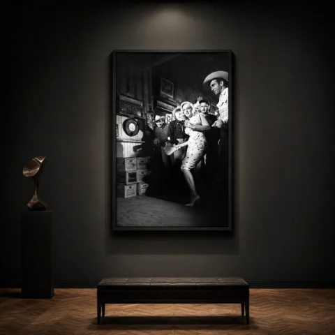 A framed art print of Marilyn Monroe and Clark Gable from The Misfits hangs in a modern living room setting.