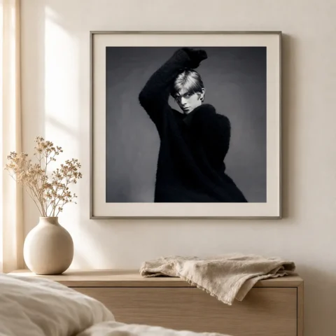 A framed david bowie wall art print hangs in a minimalist living room above a mid-century modern record player.
