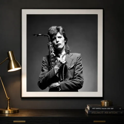 A framed david bowie saxophone wall art piece hanging on a minimalist white wall in a modern living space.