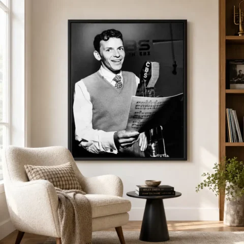 Frank Sinatra Cbs Microphone — broadcast detail leads this Sinatra portrait: sheet music, a CBS