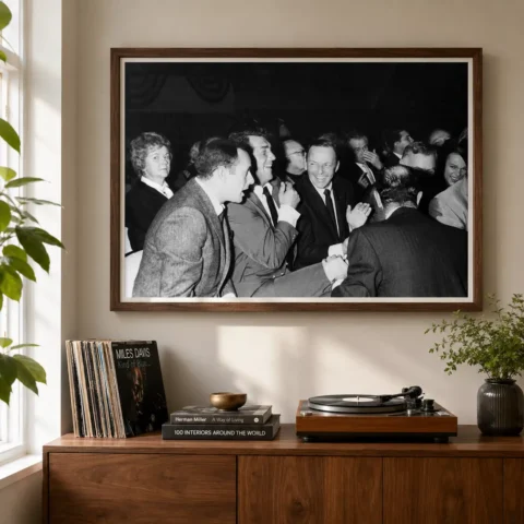 Conversation — centred around Sinatra in a crowded 1965 table scene, this monochrome