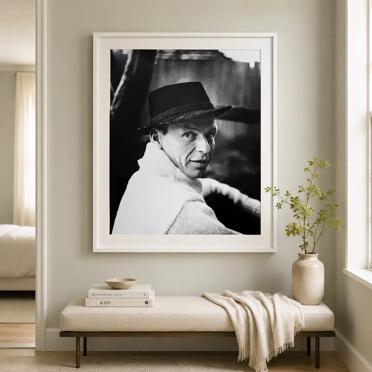 Frank Sinatra black and white poster showing the hat brim.