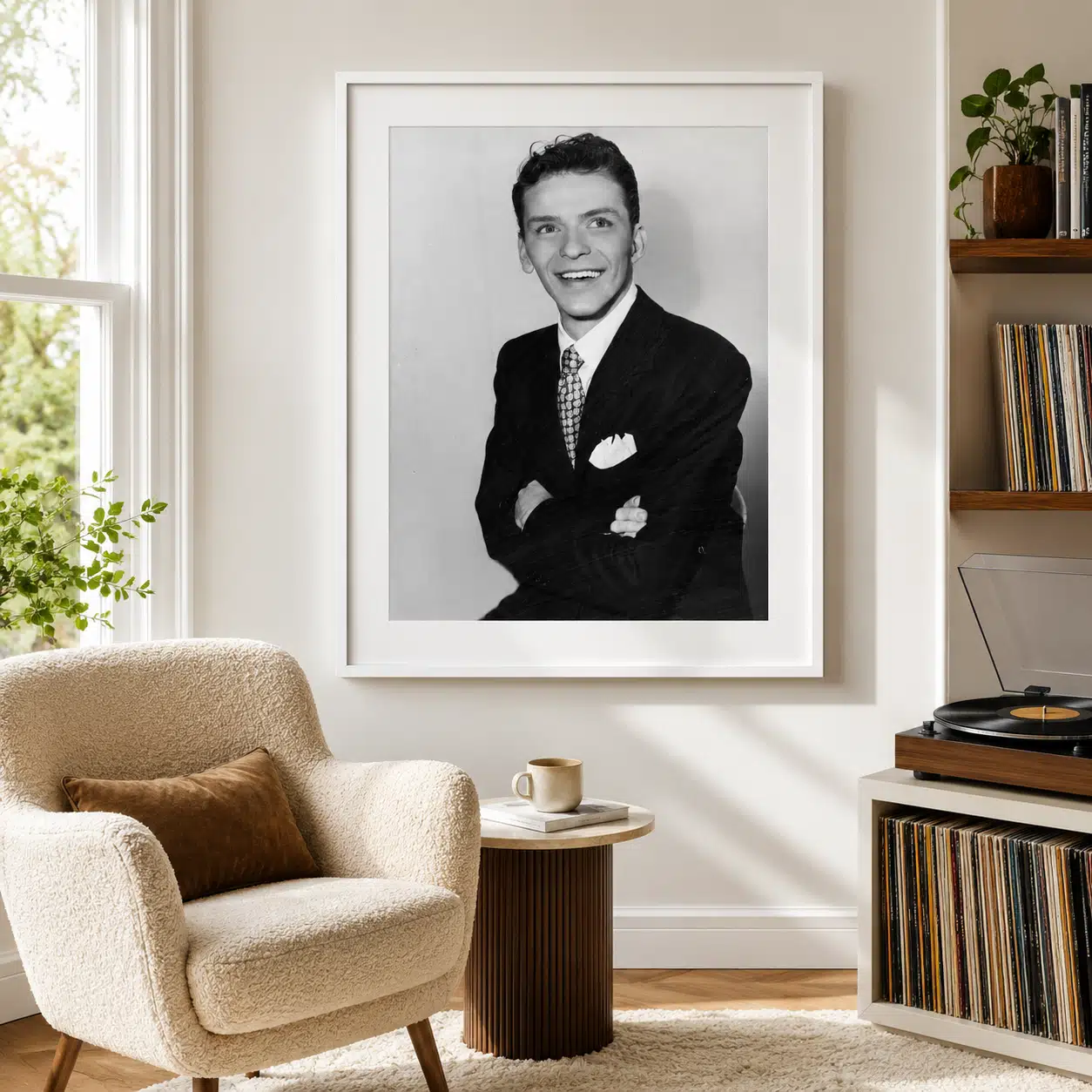 Frank Sinatra Young Smiling Poster showing smiling in dark suit with folded arms and a patterned tie.
