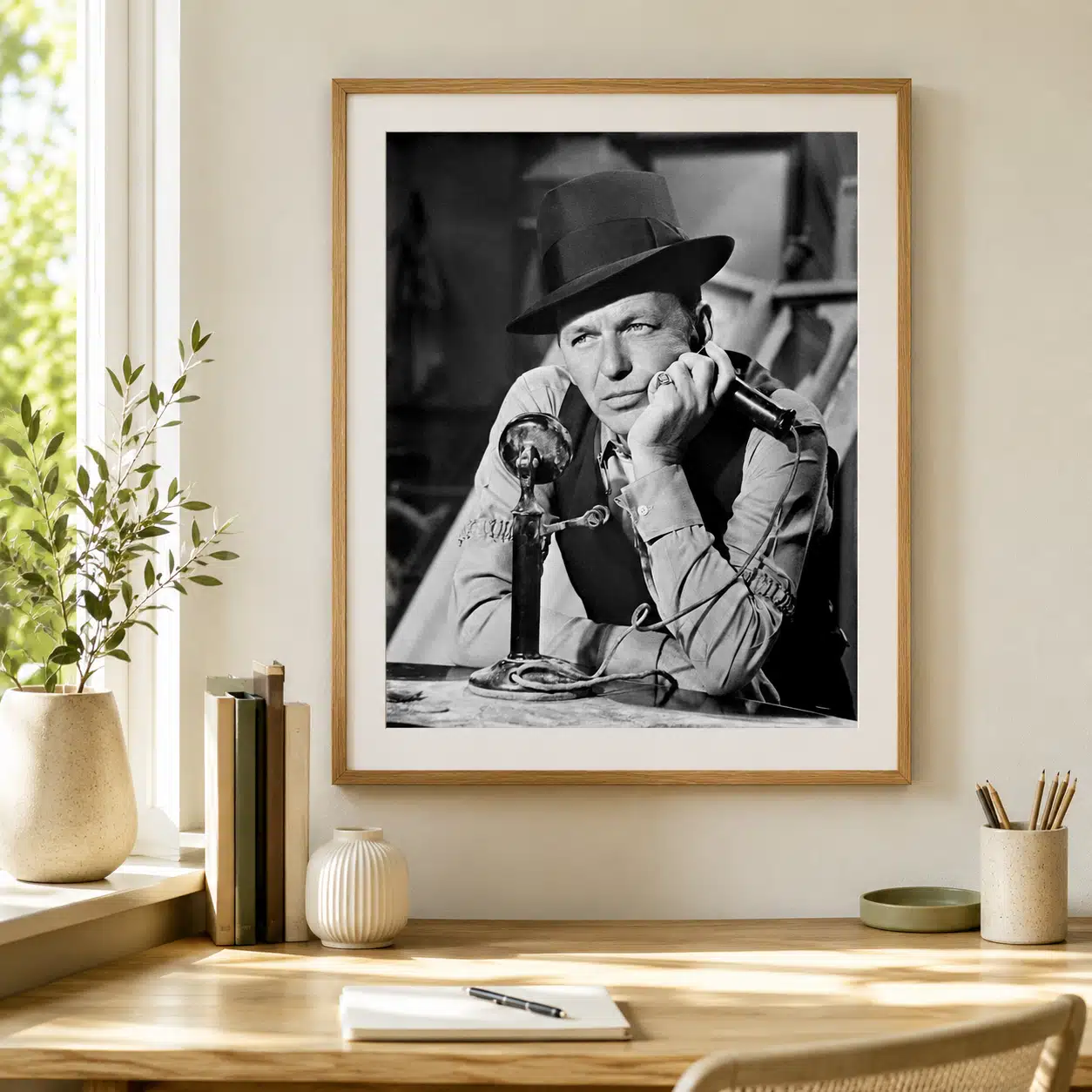 Frank Sinatra black and white poster showing the old phone hardware.