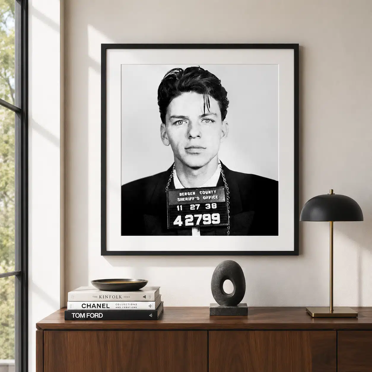 Frank Sinatra Sheriff Office Poster showing holding a Bergen County Sheriff's Office identification board marked 11 27 38.