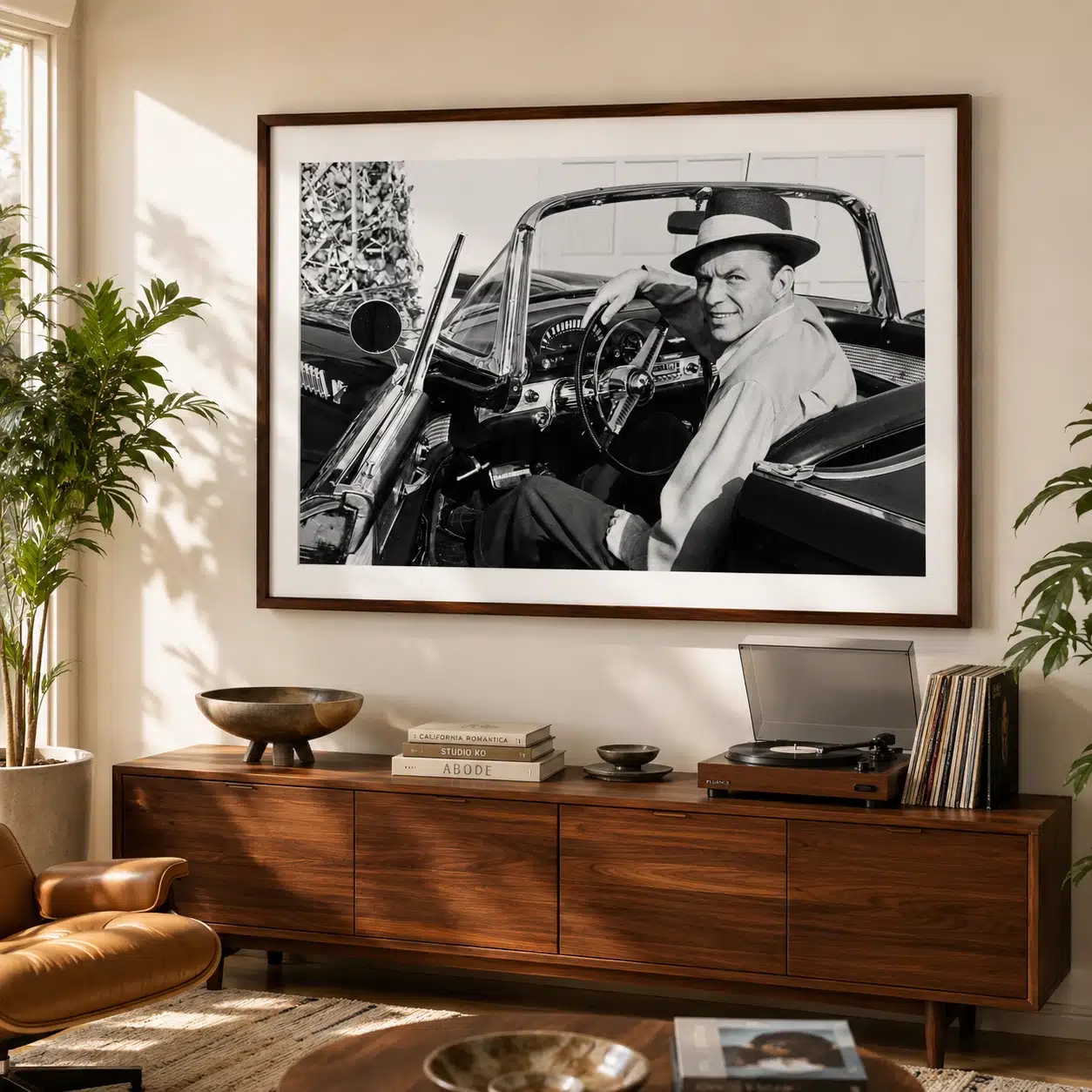 Frank Sinatra black and white poster showing the open car.