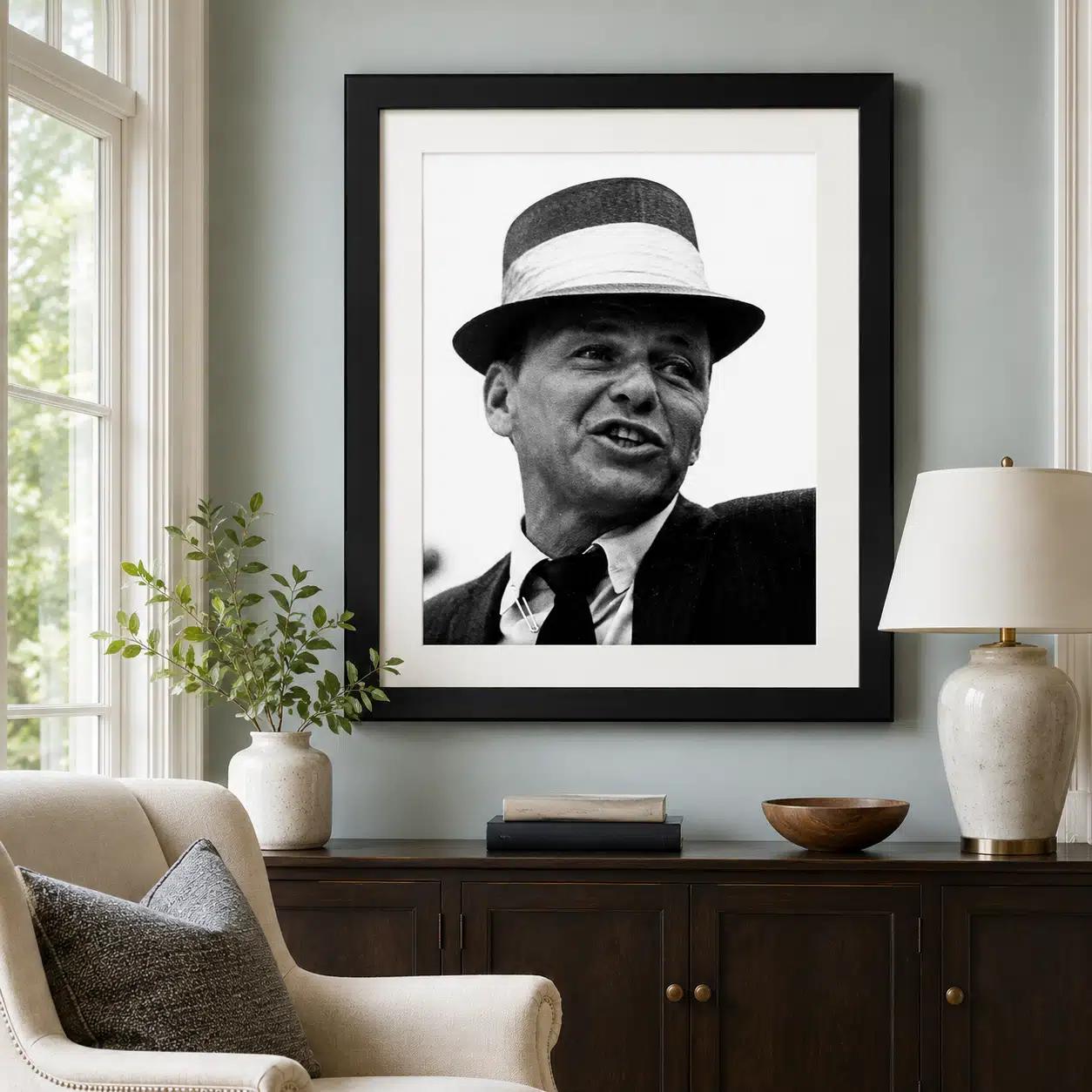 Frank Sinatra Straw Hat Poster showing in a light-banded straw hat, shown in close-up while speaking or reacting off camera.