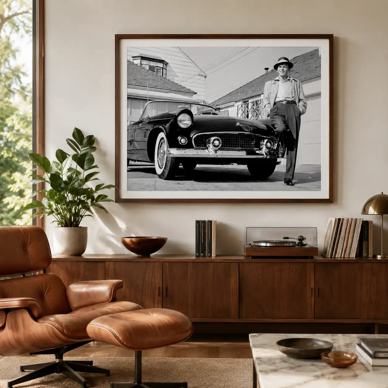 Frank Sinatra Vintage Car Poster showing standing beside a low vintage car, wearing a hat with one hand in his pocket.